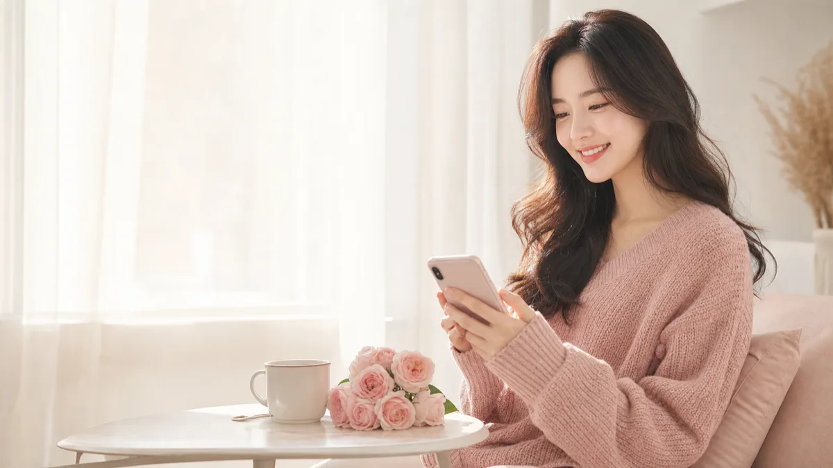 明るい部屋の窓辺で、スマホを見てやわらかく微笑む女性。韓国美容のある穏やかな日常のイメージ
