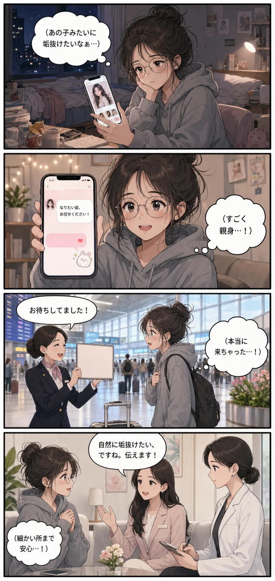 漫画1：SNSを見て「垢抜けたい」と悩む主人公が、LINEで無料相談し、空港でスタッフに出迎えられ、クリニックで韓国人通訳に希望を伝えるまで