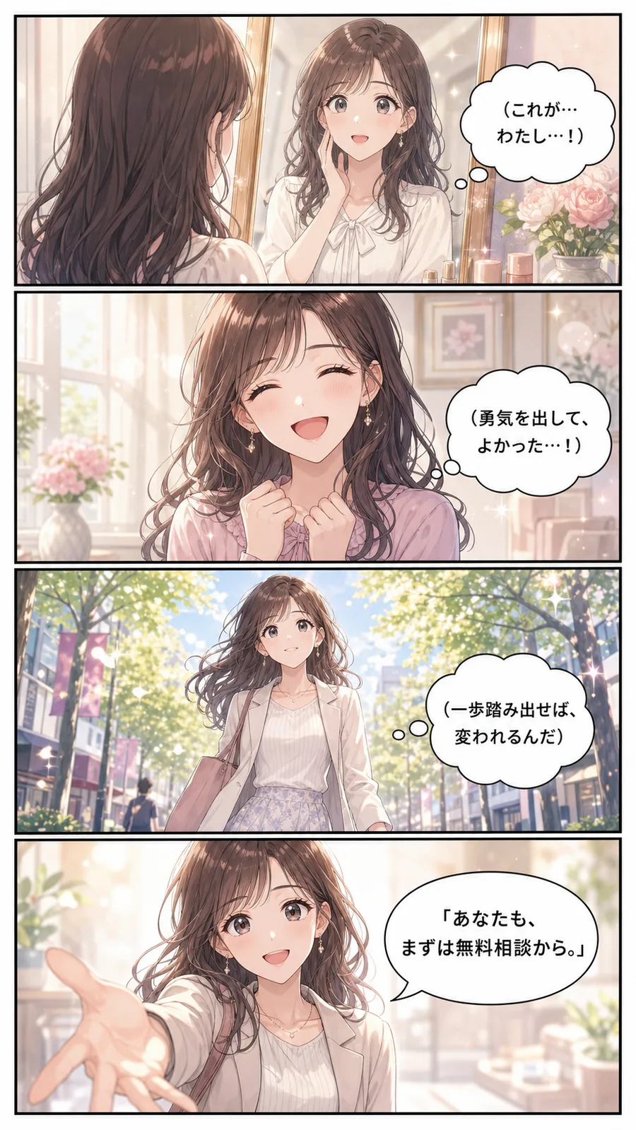 漫画3：勇気を出して一歩踏み出した主人公。まずは無料相談から、というイメージ